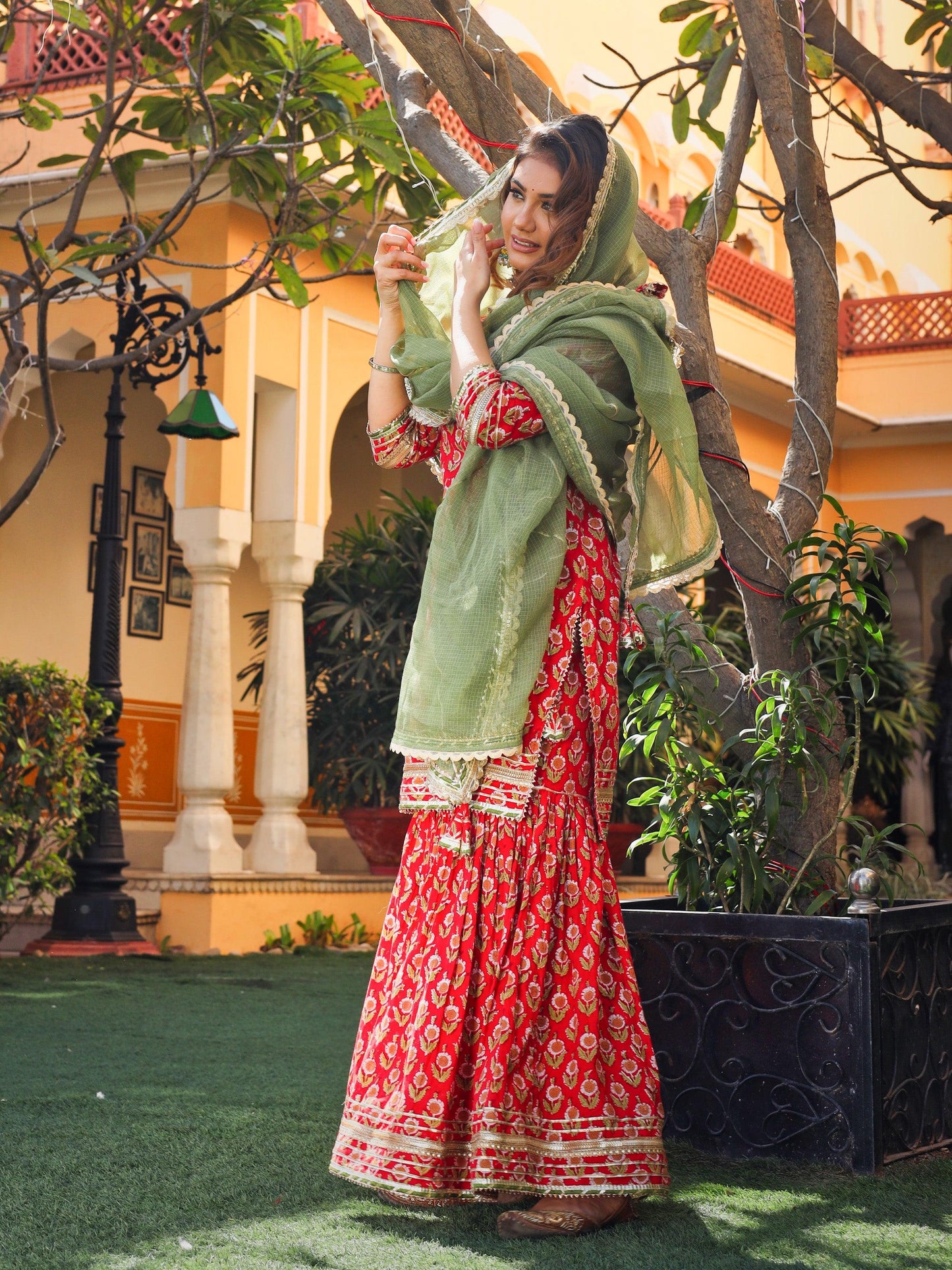 Jamal Jamaloo Red Cotton Dabu Printed Kurta Sharara Set with Kota Doria Dupatta - Jamal Jamalooworld.com