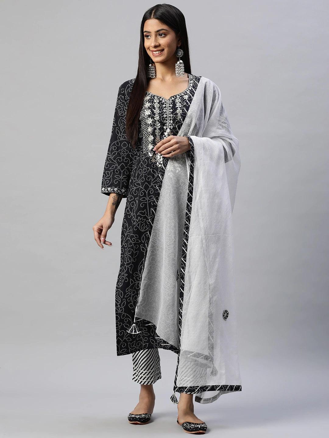 Jamal Jamaloo Black and White Cotton Kurta Pant Set With Dupatta - Jamal Jamaloo