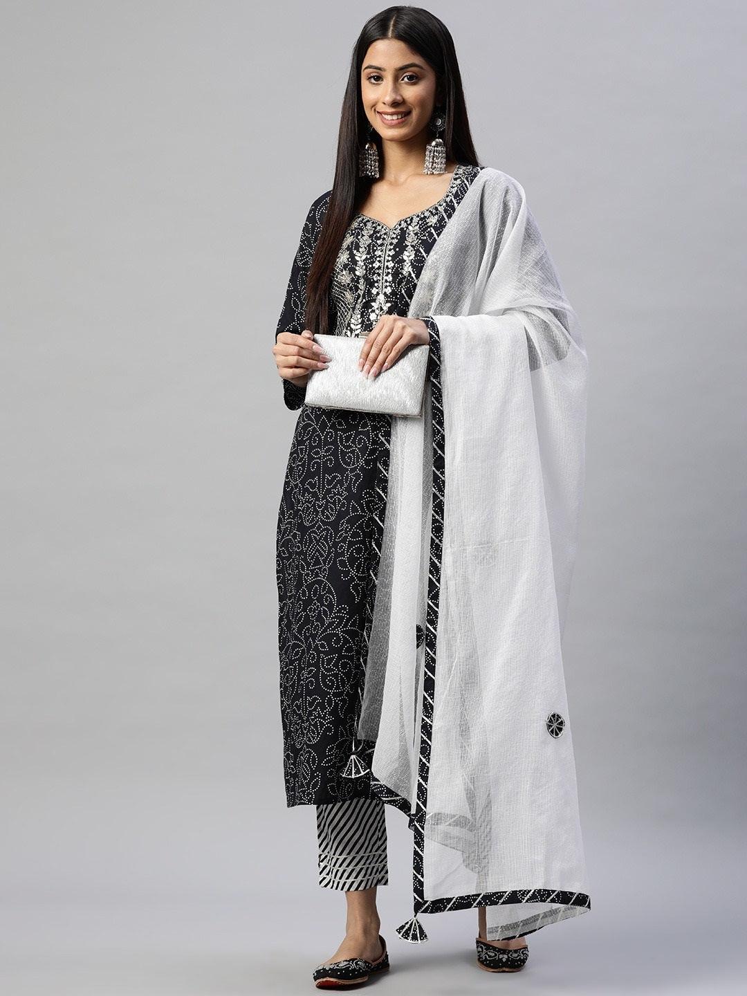 Jamal Jamaloo Black and White Cotton Kurta Pant Set With Dupatta - Jamal Jamaloo