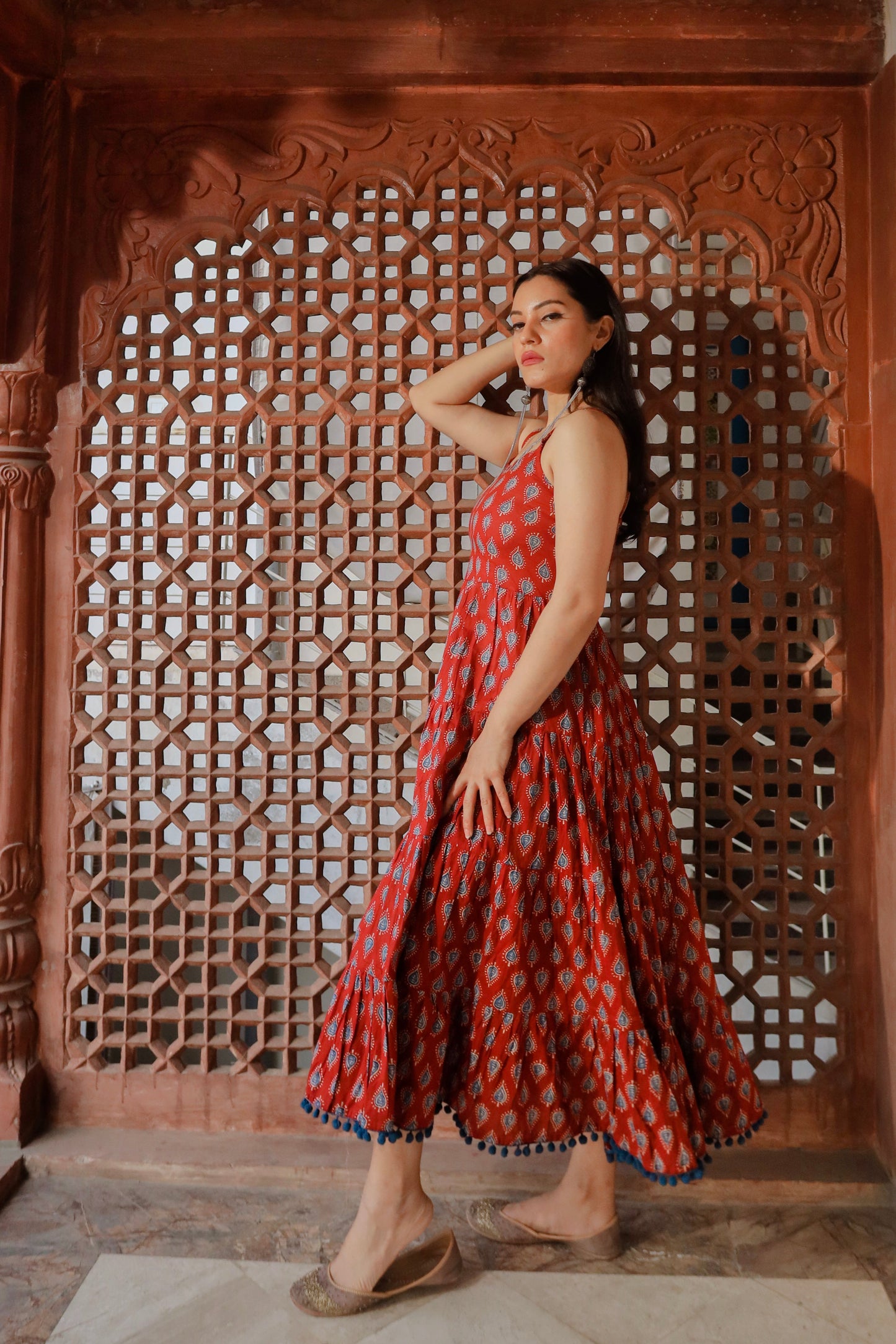 Maroon Buti Printed Shoulder Strip Long dress