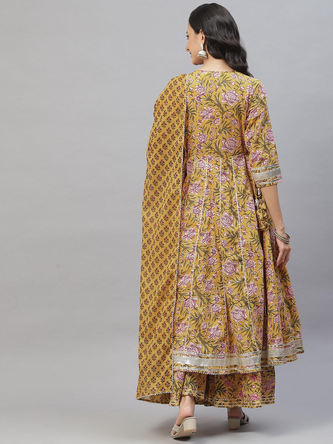 Jamal Jamaloo Mustard Cotton Anarkali Kurta Palazzo Set With Dupatta - Jamal Jamaloo