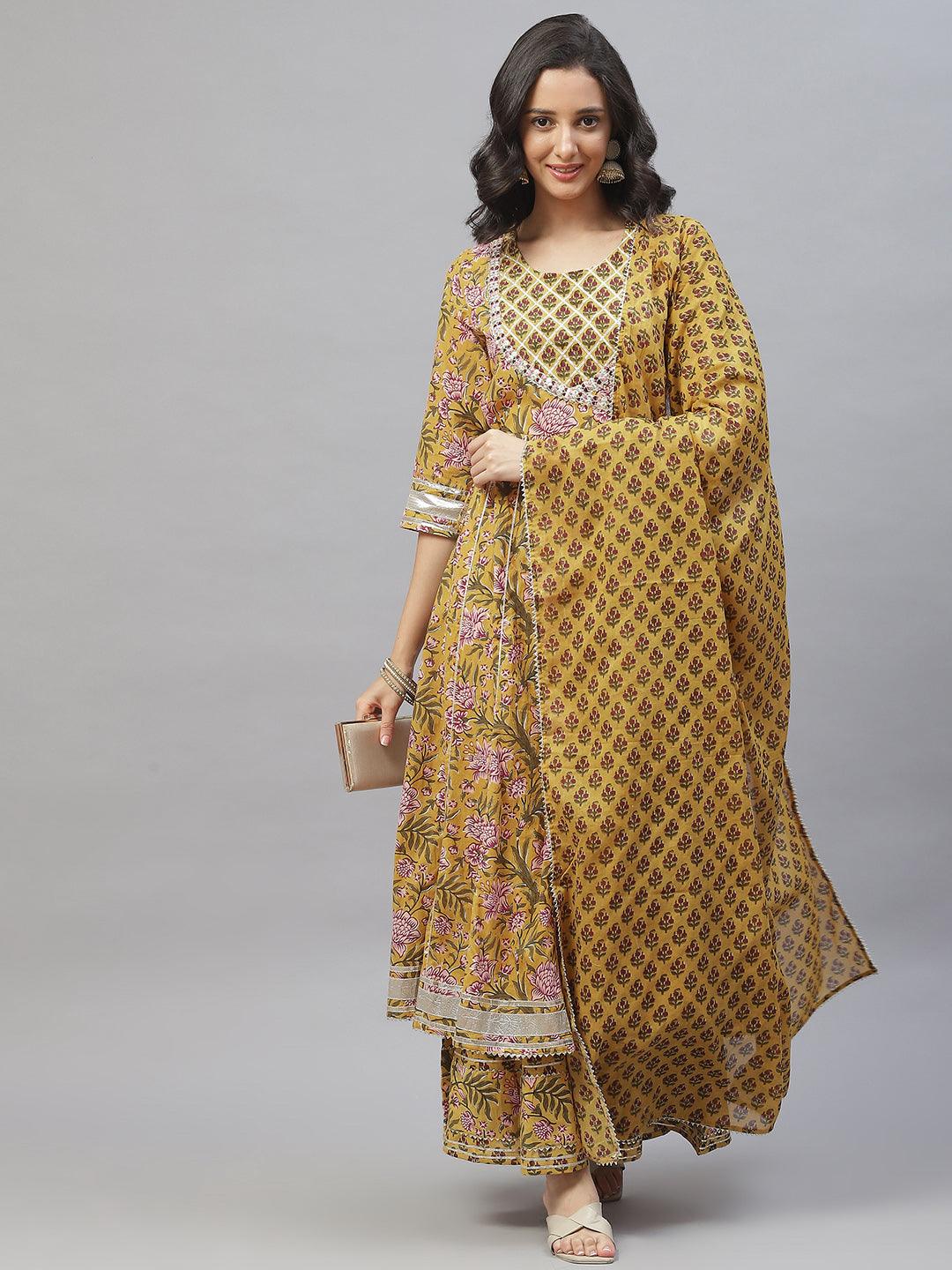 Jamal Jamaloo Mustard Cotton Anarkali Kurta Palazzo Set With Dupatta - Jamal Jamaloo