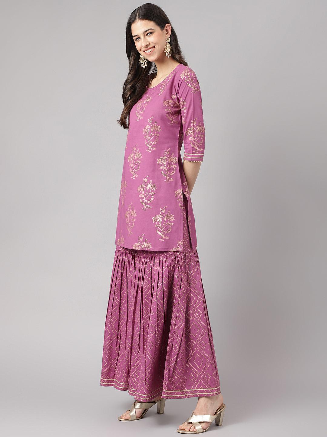 Jamal Jamaloo Purple Foil Print Cotton Sharara Set with Dupatta - Jamal Jamaloo