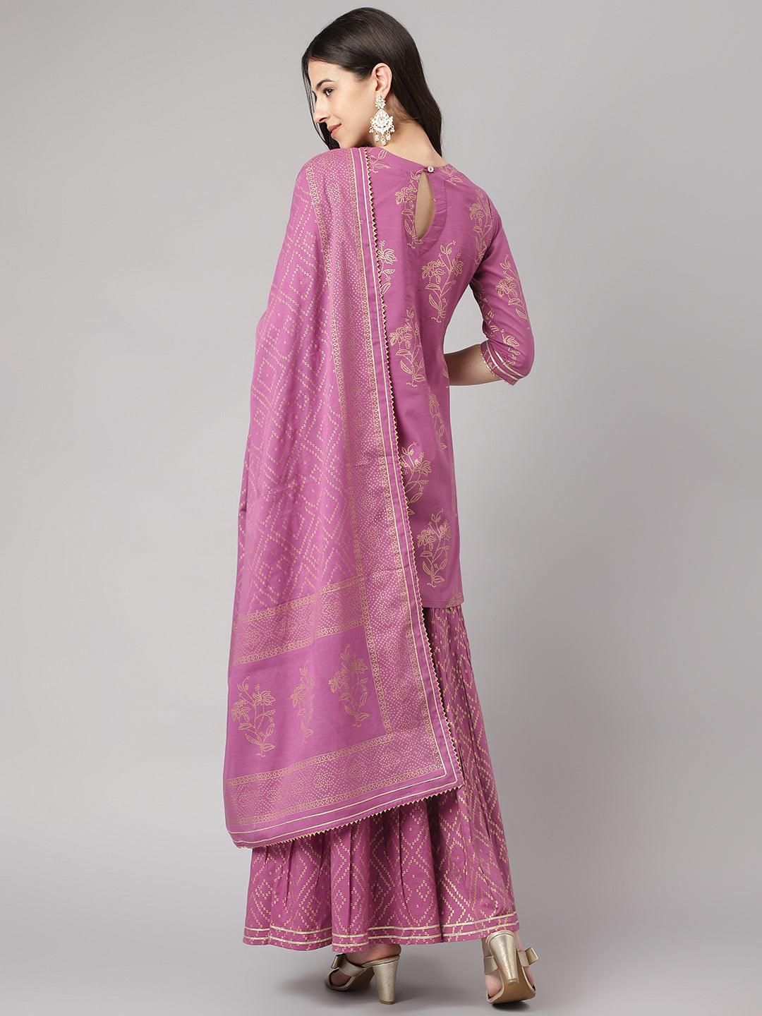 Jamal Jamaloo Purple Foil Print Cotton Sharara Set with Dupatta - Jamal Jamaloo