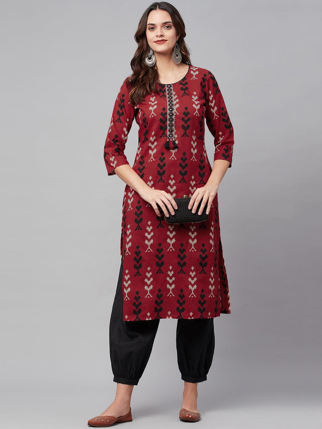 Jamal Jamaloo Maroon Cotton Straight Kurta Hem Cuffed Pant set - Jamal Jamaloo