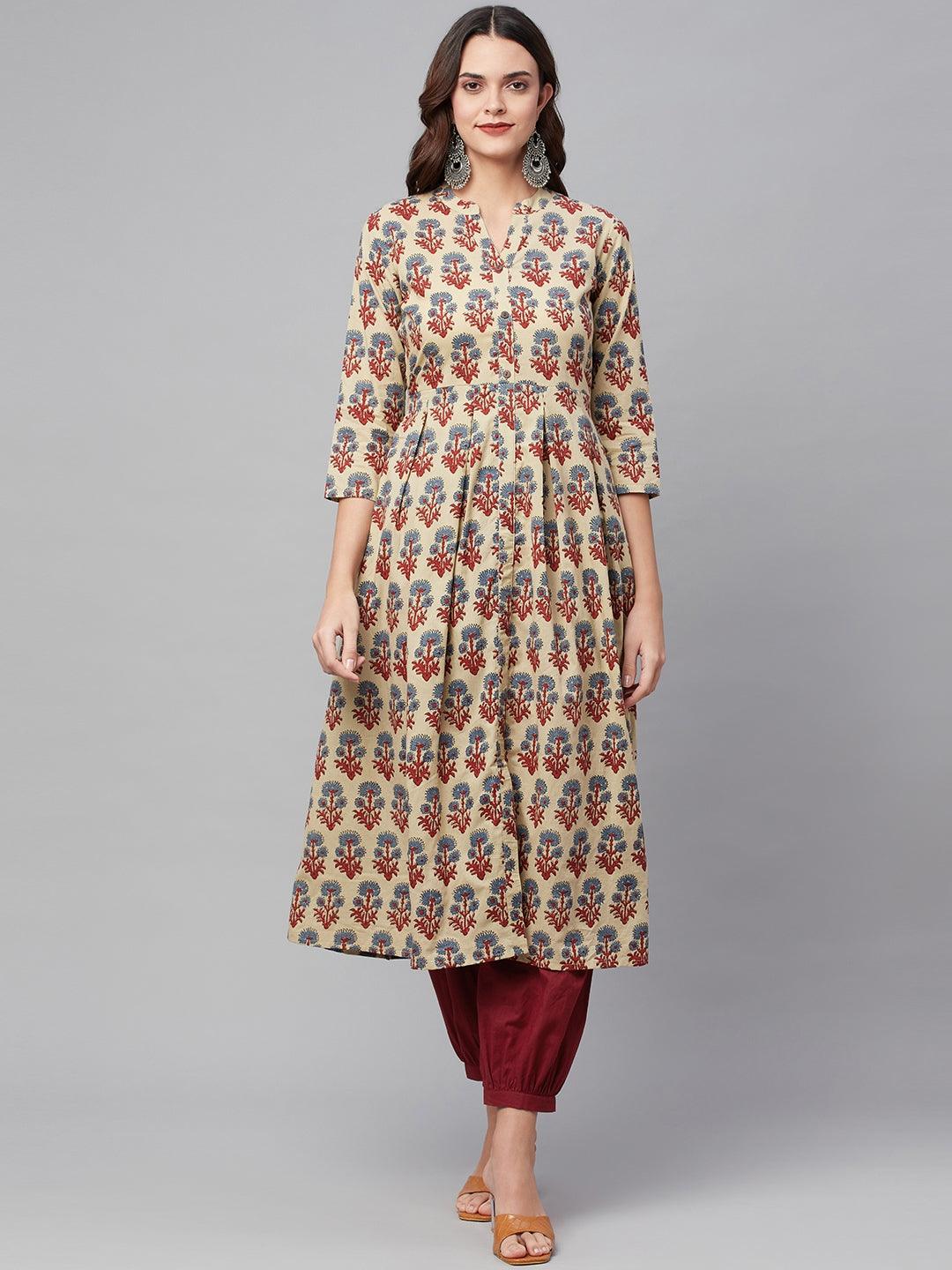 Jamal Jamaloo Beige Cotton A-Line Kurta Hem Cuffed Pant set - Jamal Jamaloo