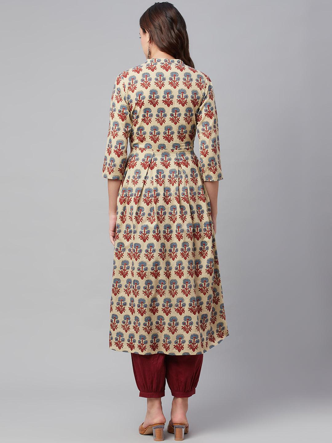 Jamal Jamaloo Beige Cotton A-Line Kurta Hem Cuffed Pant set - Jamal Jamaloo