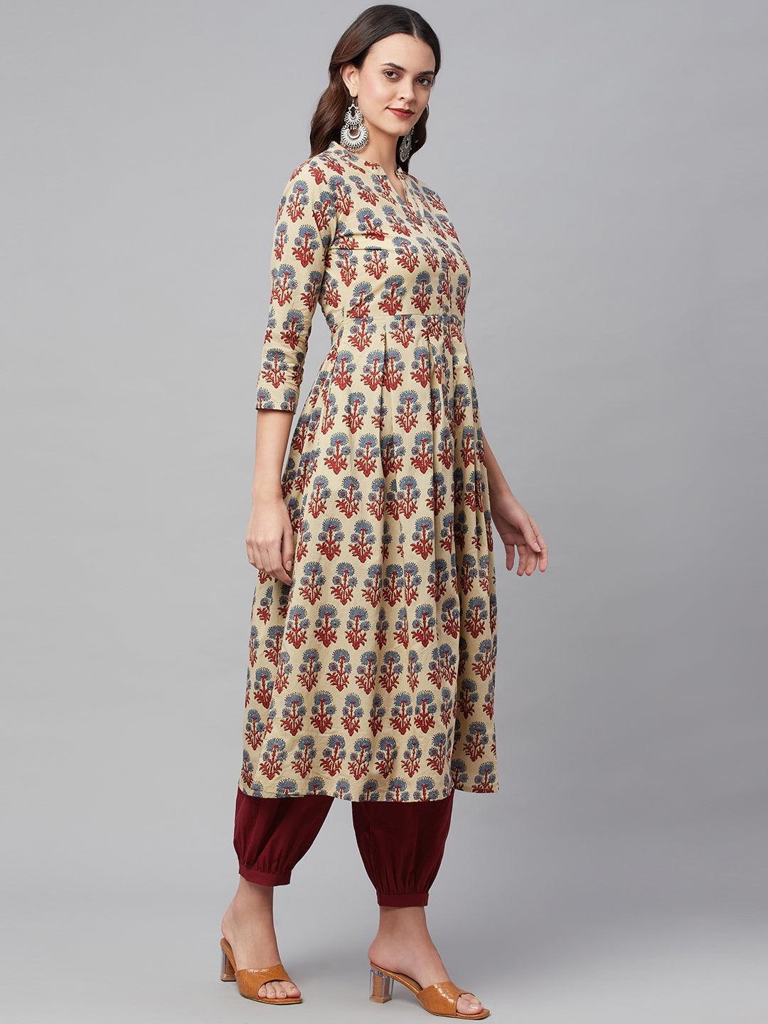 Jamal Jamaloo Beige Cotton A-Line Kurta Hem Cuffed Pant set - Jamal Jamaloo