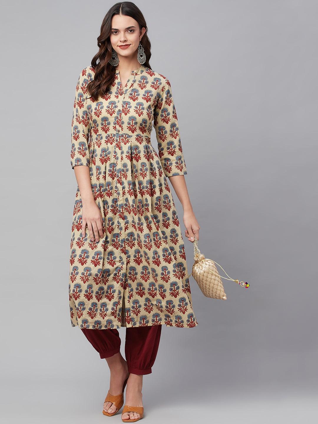 Jamal Jamaloo Beige Cotton A-Line Kurta Hem Cuffed Pant set - Jamal Jamaloo