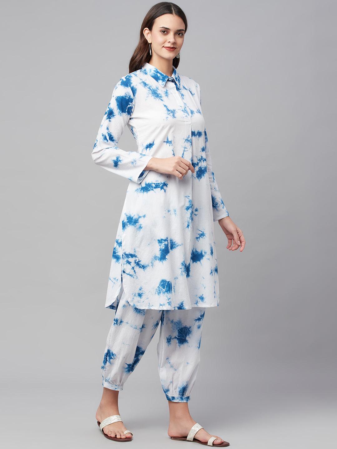 Jamal Jamaloo Blue Cotton Shirt Style Kurta Hem Cuffed Pant Set - Jamal Jamaloo