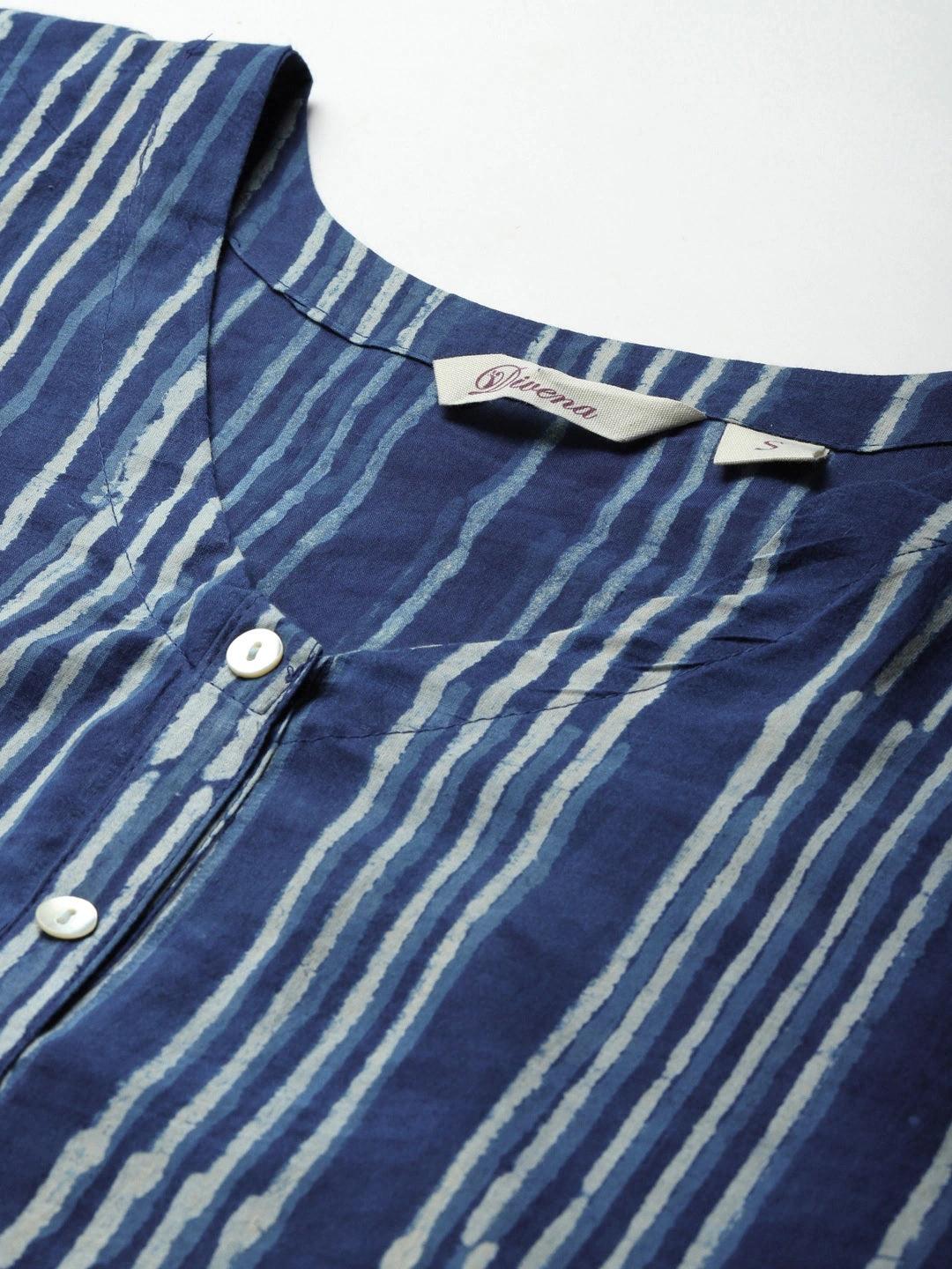Jamal Jamaloo Blue Hand Block Printed Striped Kaftan Dress - Jamal Jamaloo