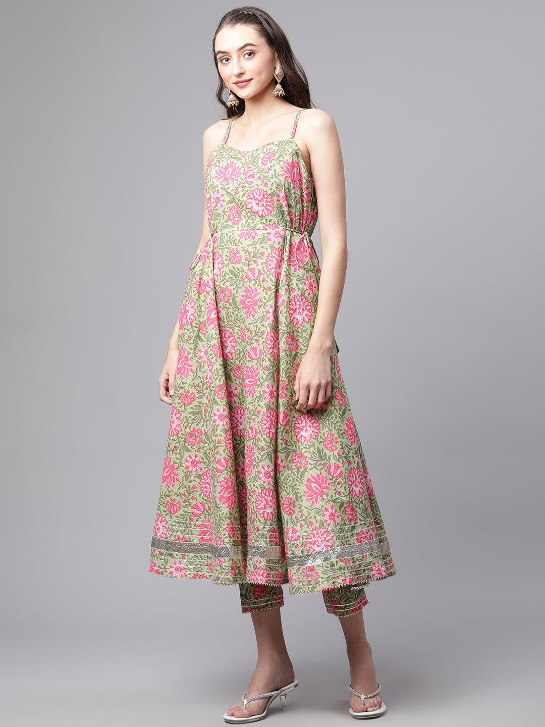 Jamal Jamaloo Green Floral Printed Anarkali Kurta Pant Set with Dupatta - Jamal Jamalooworld.com