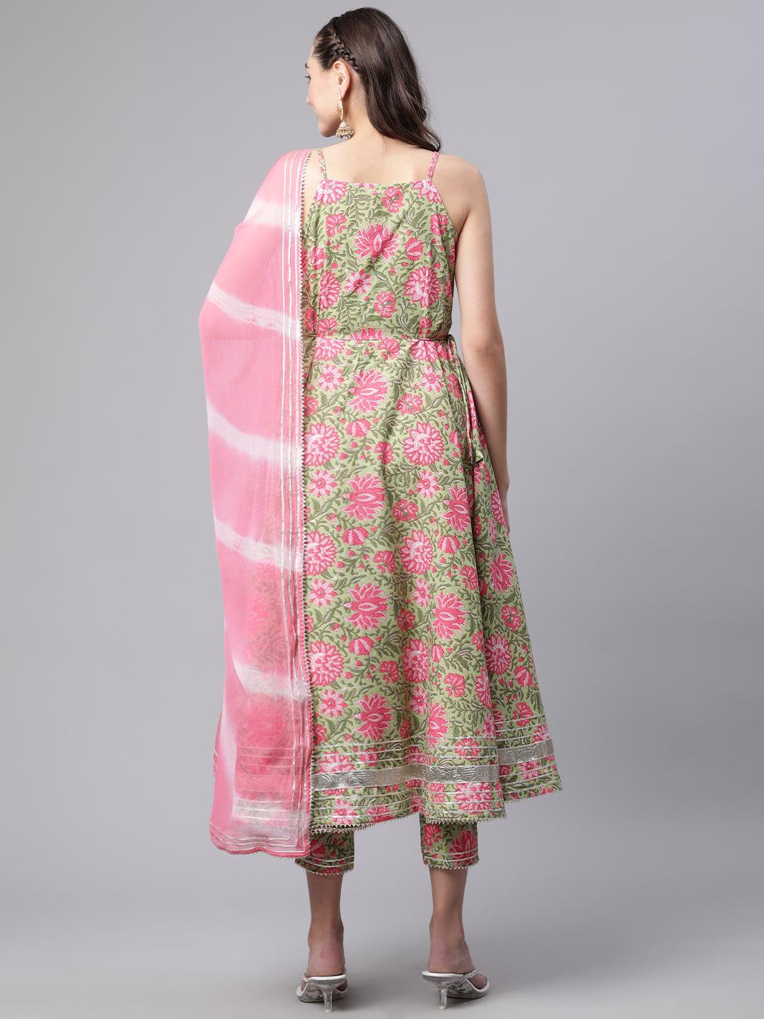 Jamal Jamaloo Green Floral Printed Anarkali Kurta Pant Set with Dupatta - Jamal Jamalooworld.com
