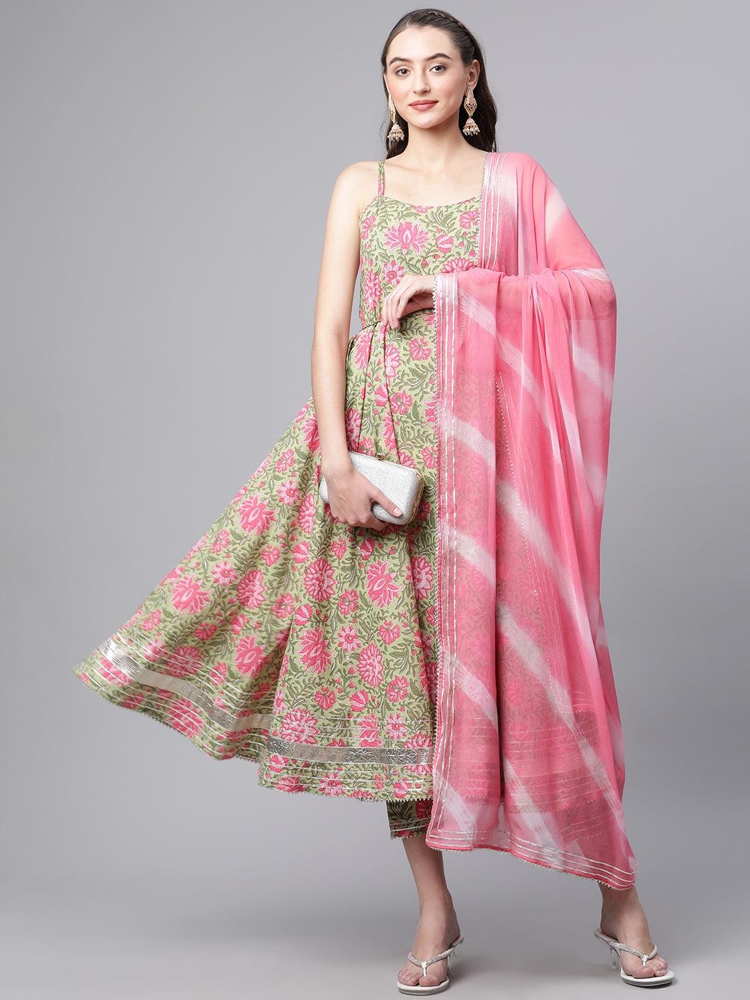 Jamal Jamaloo Green Floral Printed Anarkali Kurta Pant Set with Dupatta - Jamal Jamalooworld.com