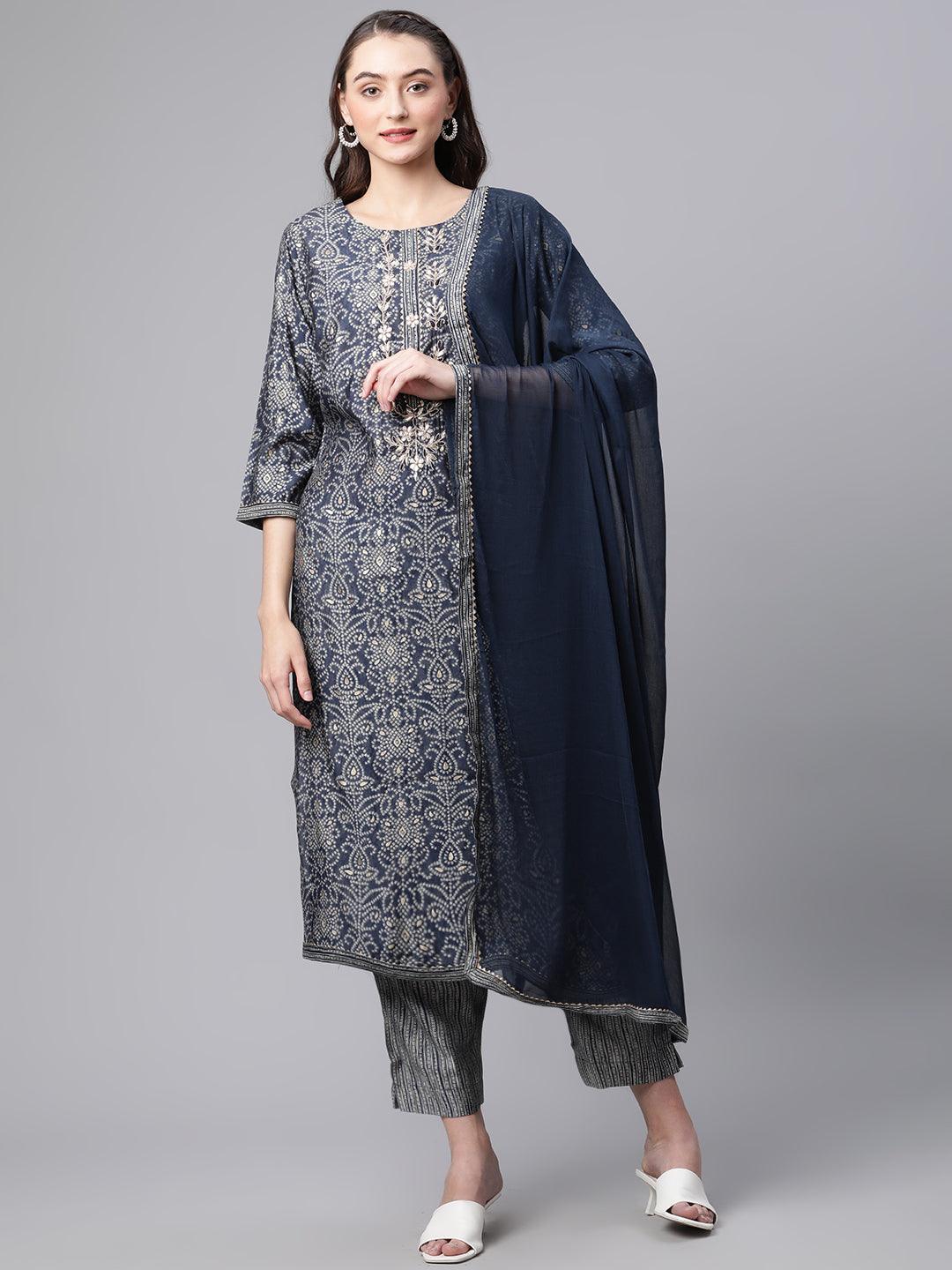 Jamal Jamaloo Blue Bandhani Print Chanderi Kurta pant set With Dupatta - Jamal Jamalooworld.com