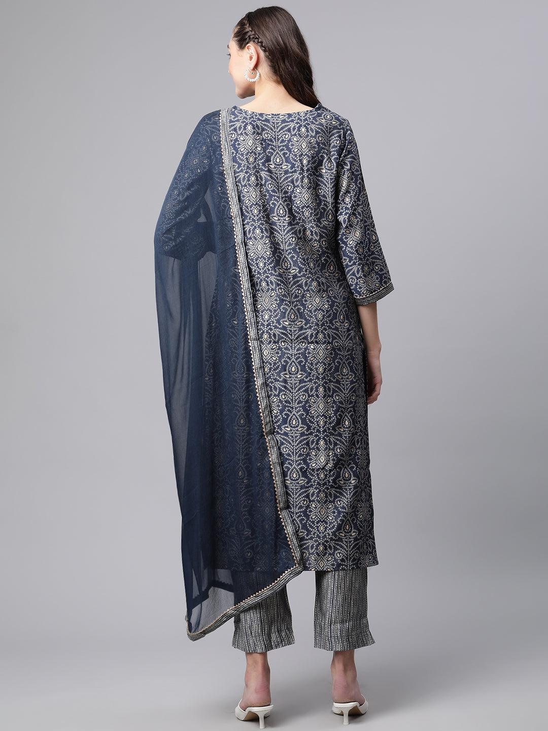 Jamal Jamaloo Blue Bandhani Print Chanderi Kurta pant set With Dupatta - Jamal Jamalooworld.com