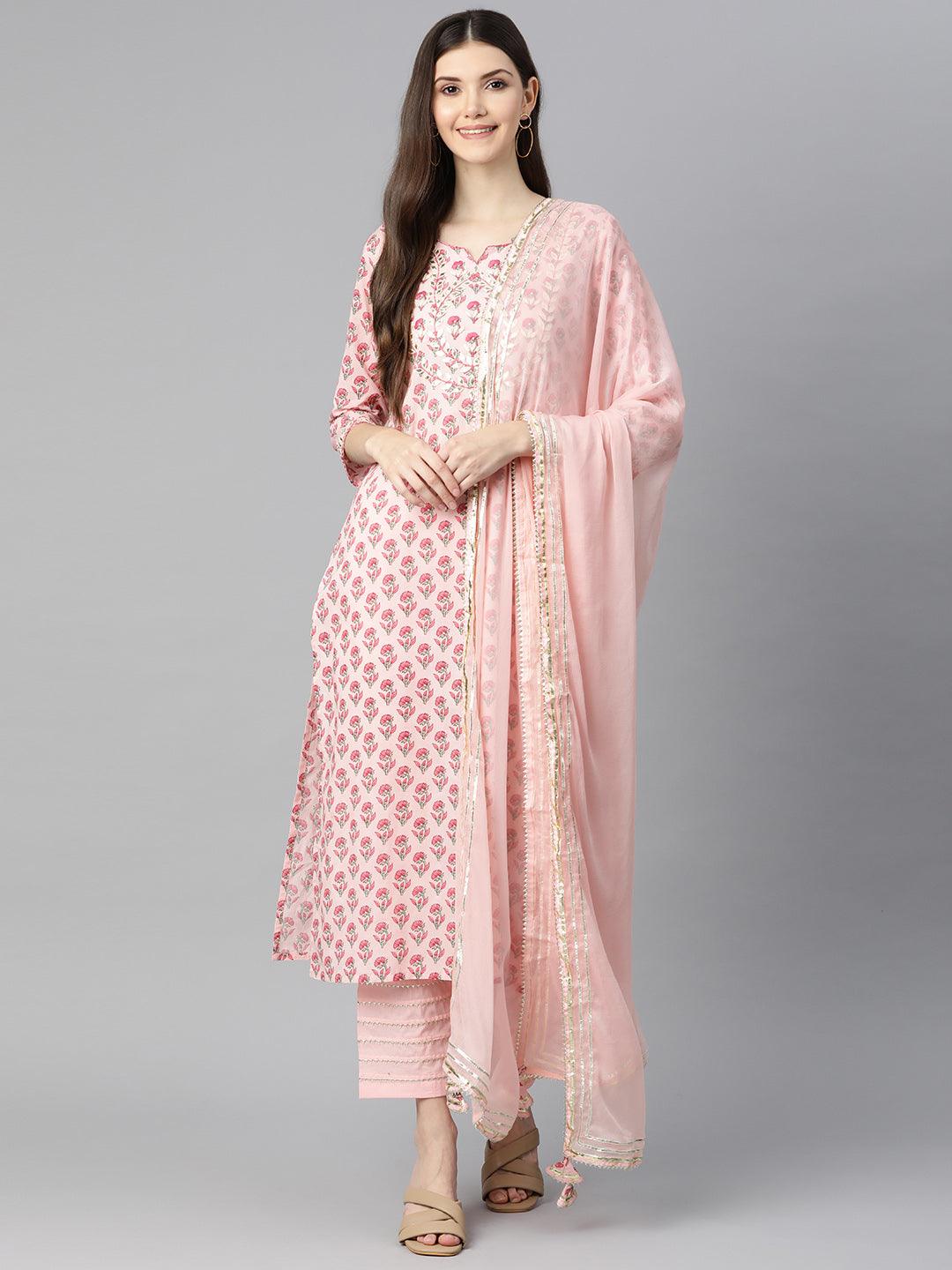 Jamal Jamaloo Pink Cotton Straight Kurta Pant Set With Dupatta - Jamal Jamaloo