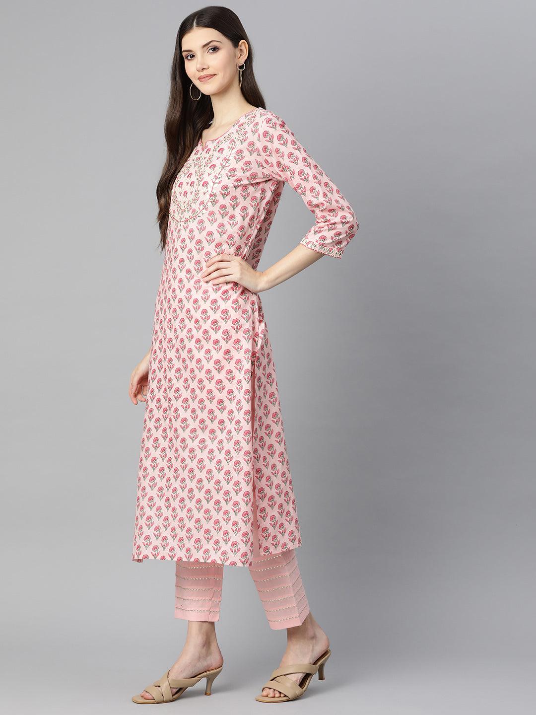 Jamal Jamaloo Pink Cotton Straight Kurta Pant Set With Dupatta - Jamal Jamaloo