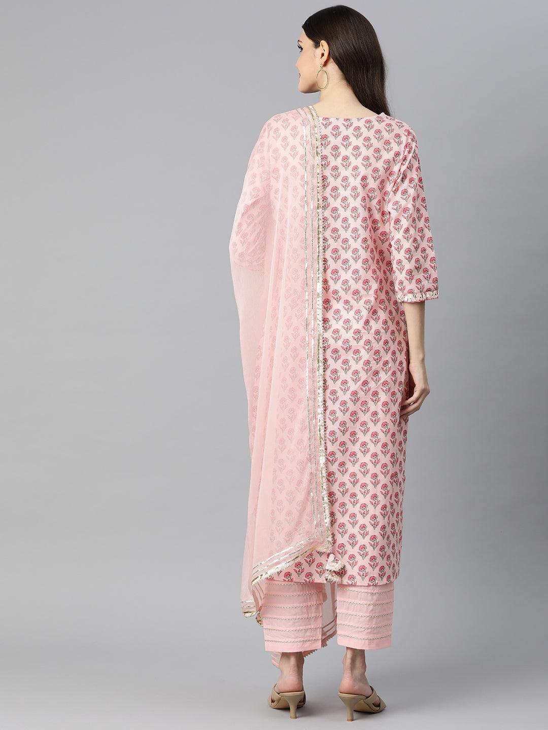 Jamal Jamaloo Pink Cotton Straight Kurta Pant Set With Dupatta - Jamal Jamaloo