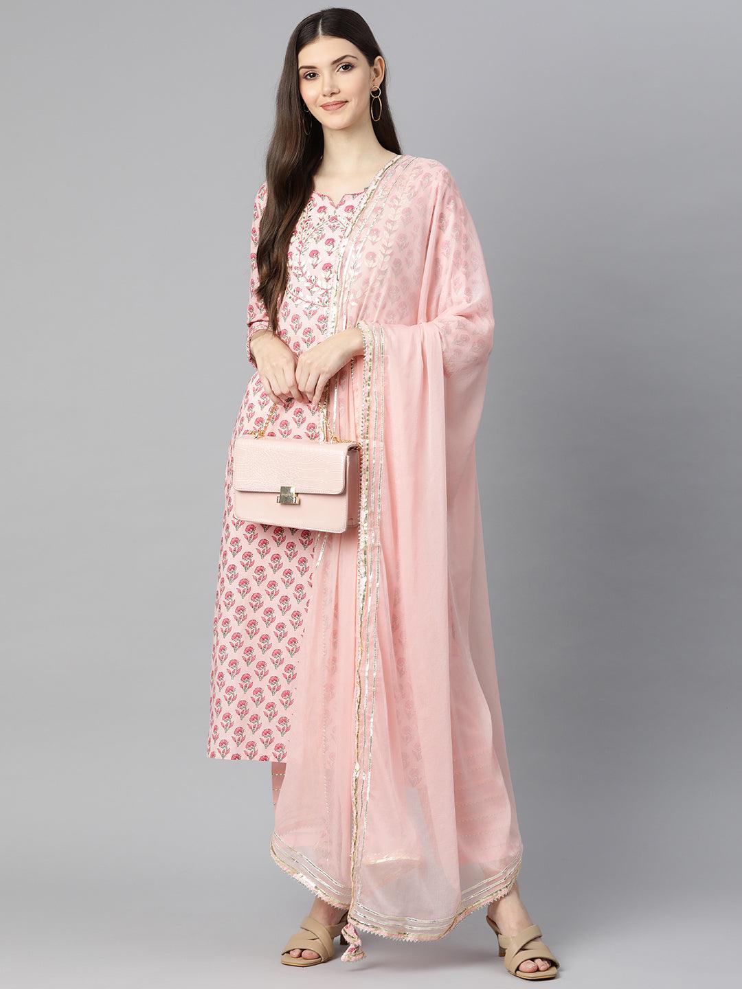 Jamal Jamaloo Pink Cotton Straight Kurta Pant Set With Dupatta - Jamal Jamaloo
