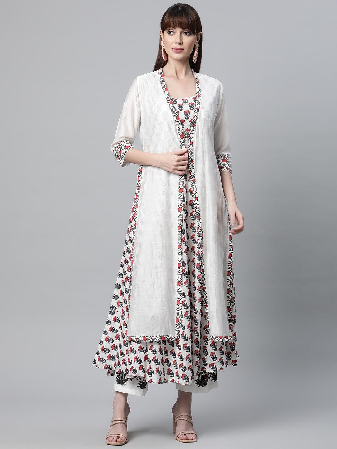 Jamal Jamaloo White Floral Kurta Pant Set with Chanderi Shurg - Jamal Jamaloo