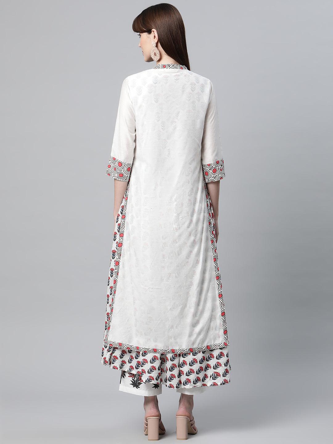 Jamal Jamaloo White Floral Kurta Pant Set with Chanderi Shurg - Jamal Jamaloo