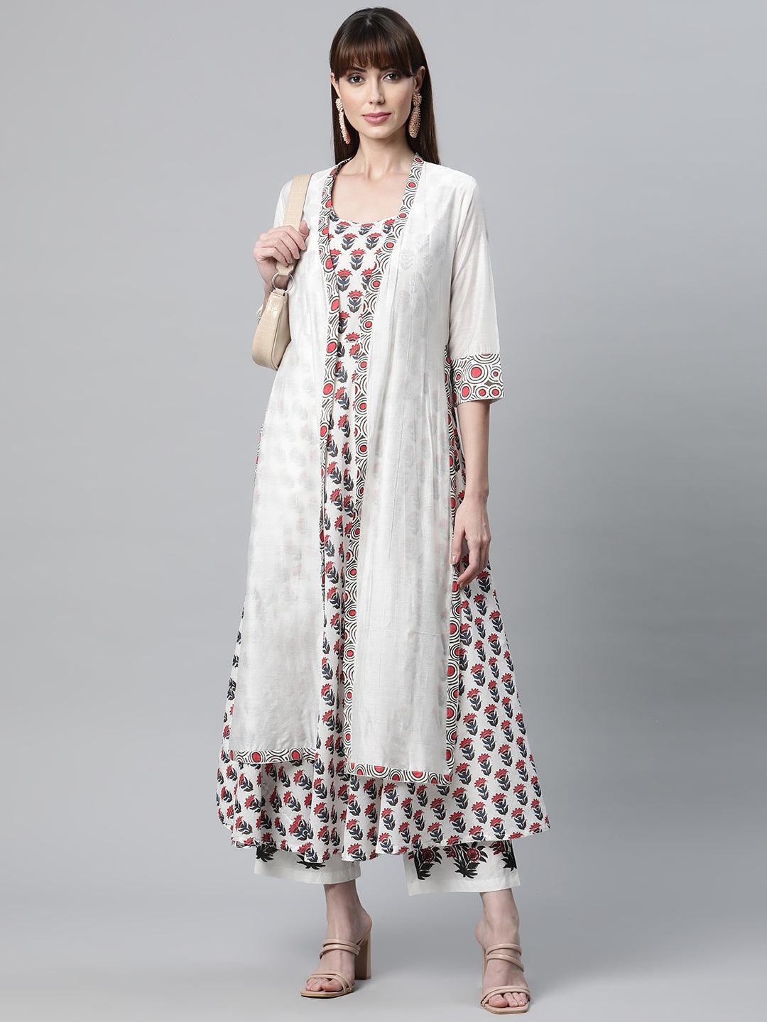 Jamal Jamaloo White Floral Kurta Pant Set with Chanderi Shurg - Jamal Jamaloo