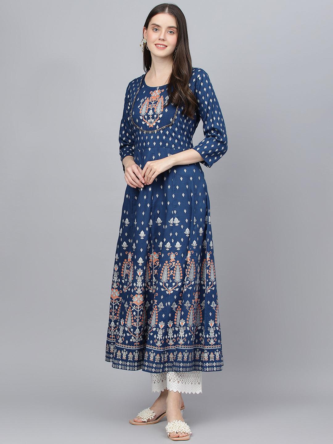 Jamal Jamaloo Indigo Ethnic Motif Rayon Anarkali Kurta - Jamal Jamaloo