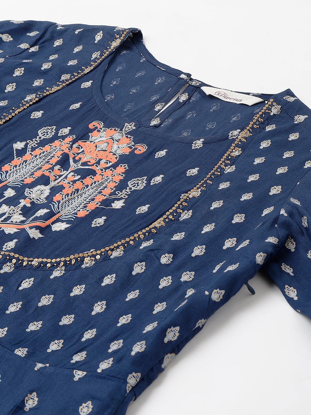 Jamal Jamaloo Indigo Ethnic Motif Rayon Anarkali Kurta - Jamal Jamaloo