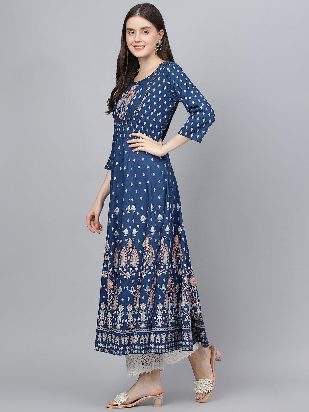 Jamal Jamaloo Indigo Ethnic Motif Rayon Anarkali Kurta - Jamal Jamaloo