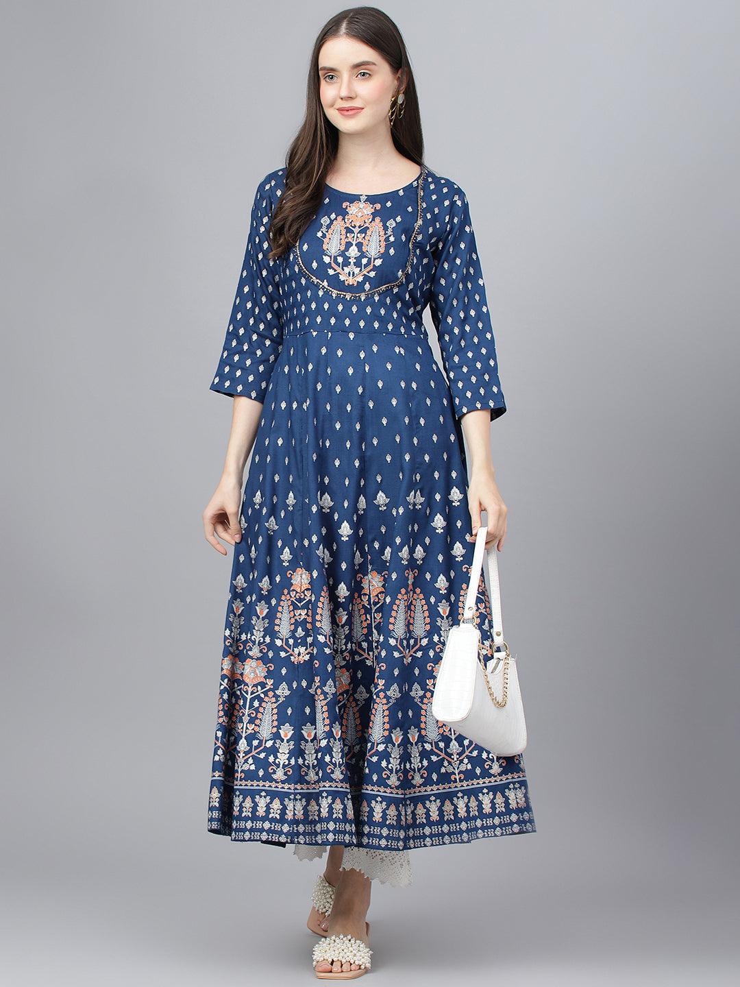 Jamal Jamaloo Indigo Ethnic Motif Rayon Anarkali Kurta - Jamal Jamaloo