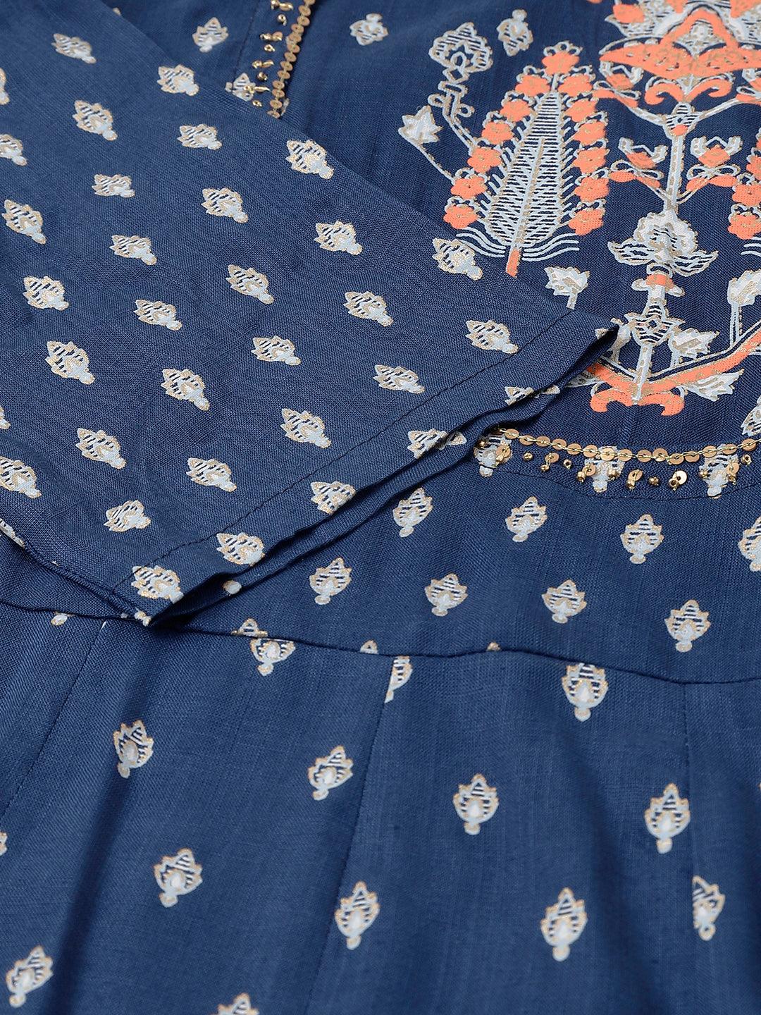 Jamal Jamaloo Indigo Ethnic Motif Rayon Anarkali Kurta - Jamal Jamaloo