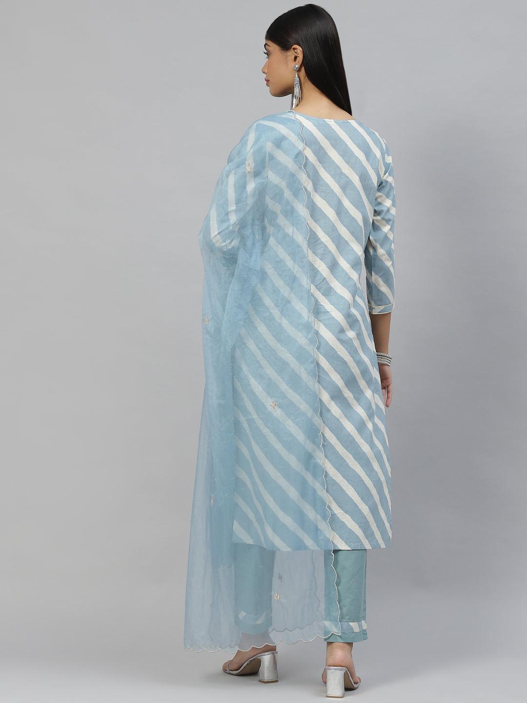 Jamal Jamaloo Sky Blue Leheriya Cotton Kurta Pant set With Organza Dupatta - Jamal Jamaloo