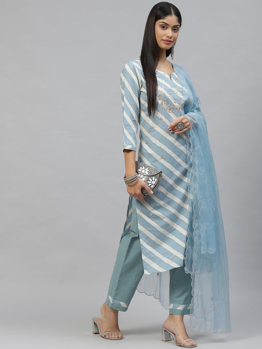 Jamal Jamaloo Sky Blue Leheriya Cotton Kurta Pant set With Organza Dupatta - Jamal Jamaloo