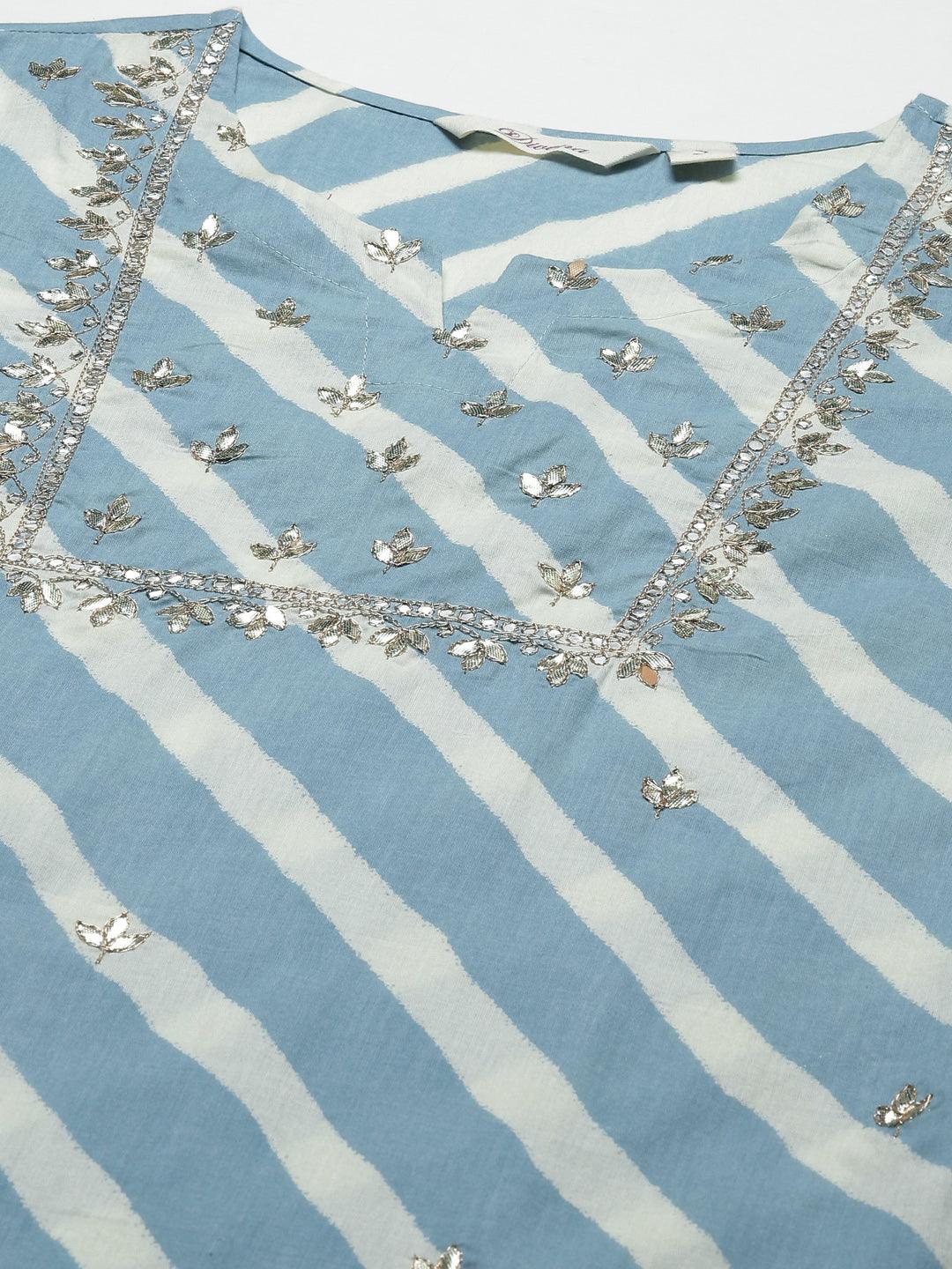 Jamal Jamaloo Sky Blue Leheriya Cotton Kurta Pant set With Organza Dupatta - Jamal Jamaloo