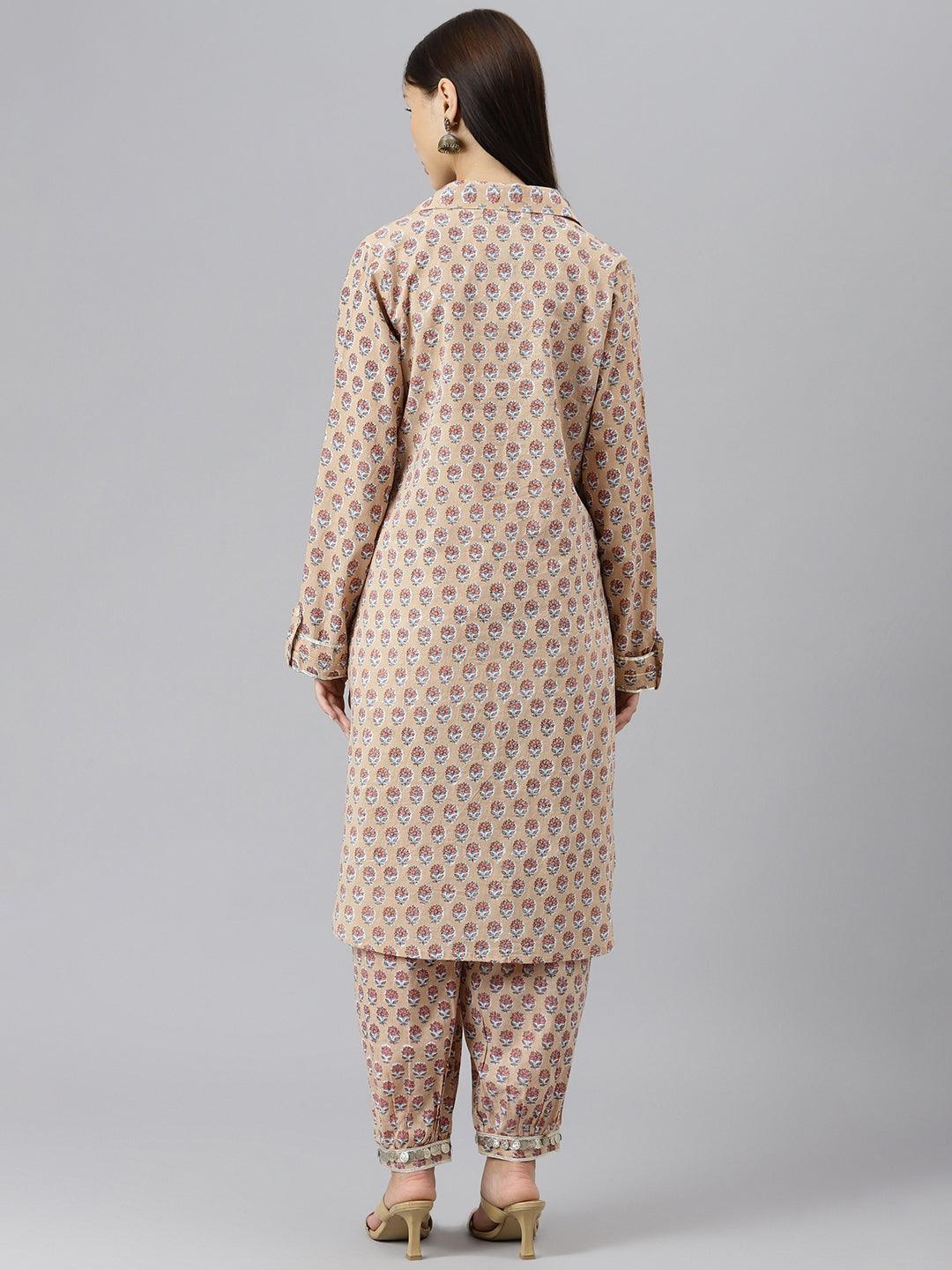 Jamal Jamaloo Beige Cotton Shirt Style Kurta Hem Cuffed Pant Co-ord Set - Jamal Jamaloo