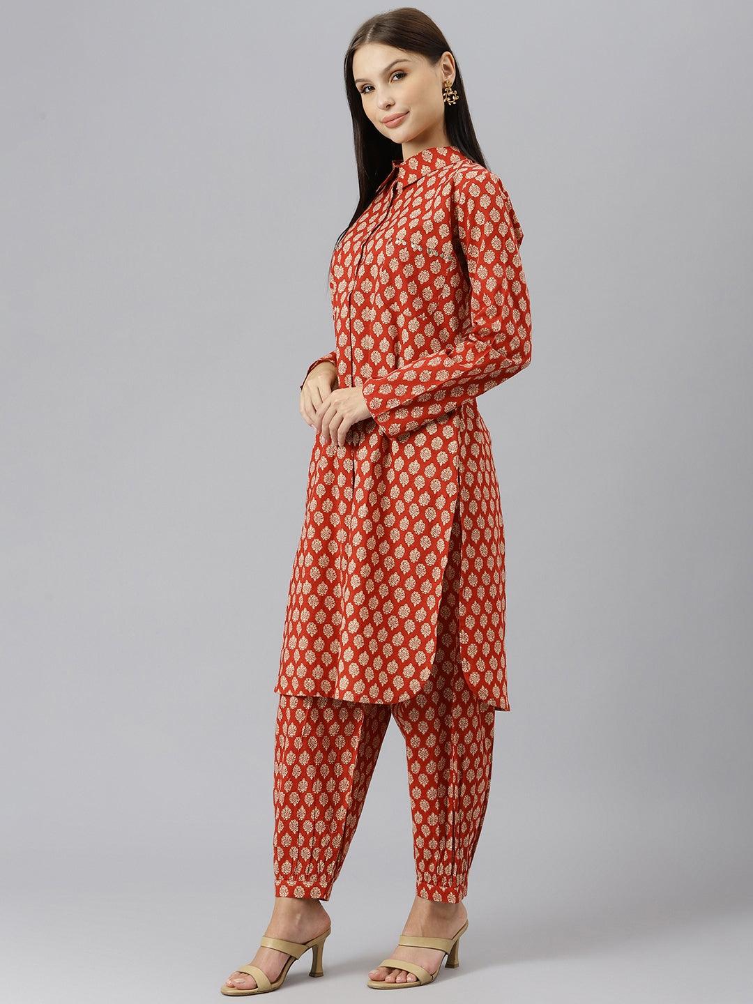 Jamal Jamaloo Maroon Cotton Shirt Style Kurta Hem Cuffed Pant Co-ord Set - Jamal Jamaloo