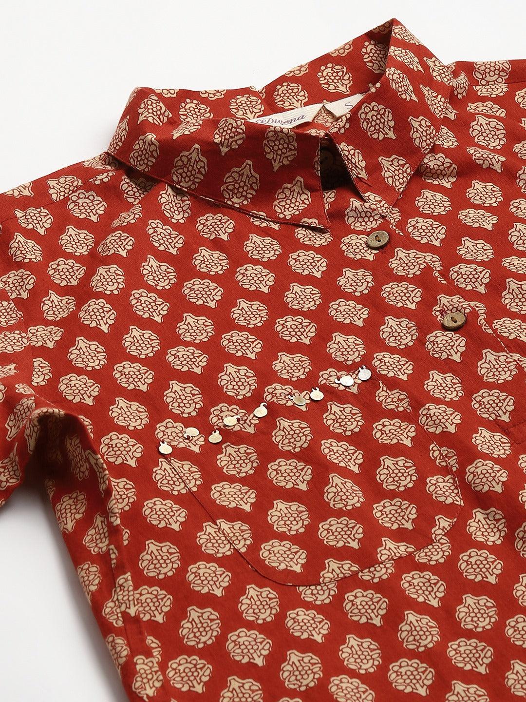 Jamal Jamaloo Maroon Cotton Shirt Style Kurta Hem Cuffed Pant Co-ord Set - Jamal Jamaloo