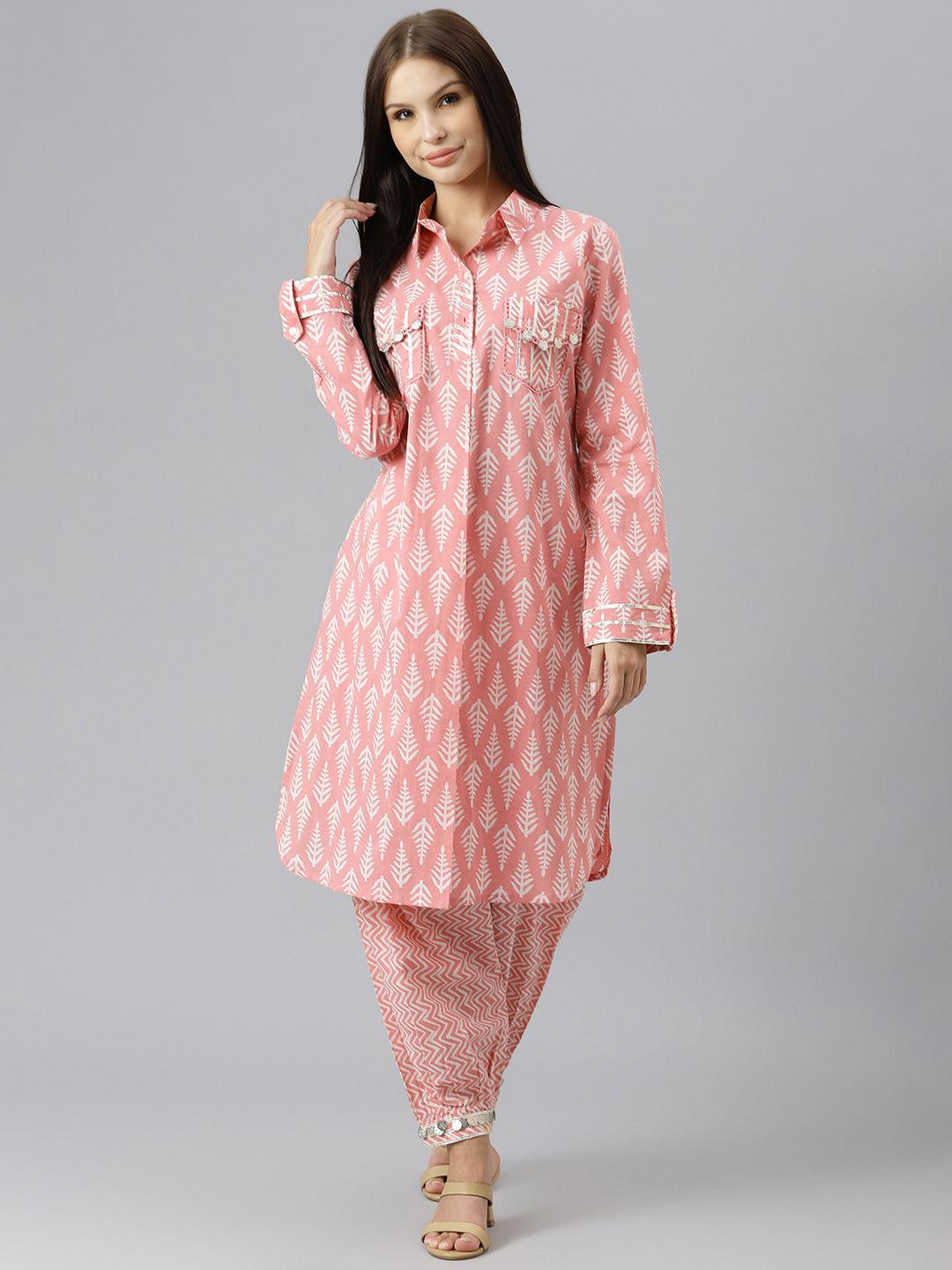 Jamal Jamaloo Pink Cotton Shirt Style Kurta Hem Cuffed Pant Co-ord Set - Jamal Jamaloo