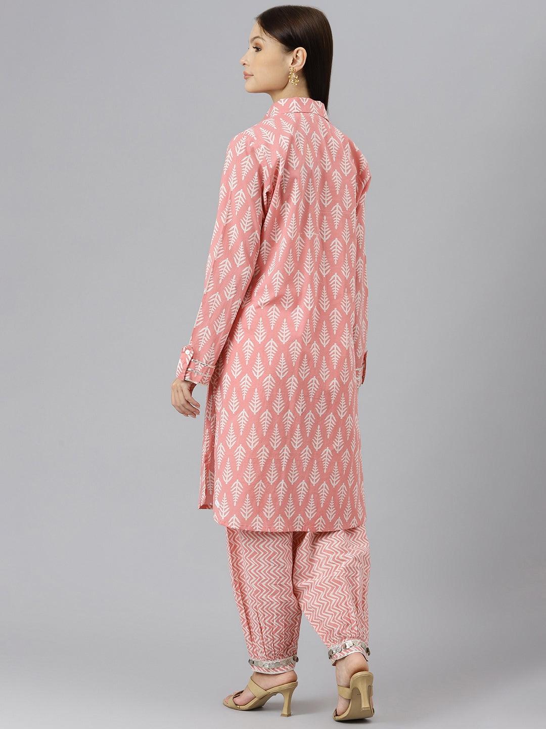 Jamal Jamaloo Pink Cotton Shirt Style Kurta Hem Cuffed Pant Co-ord Set - Jamal Jamaloo
