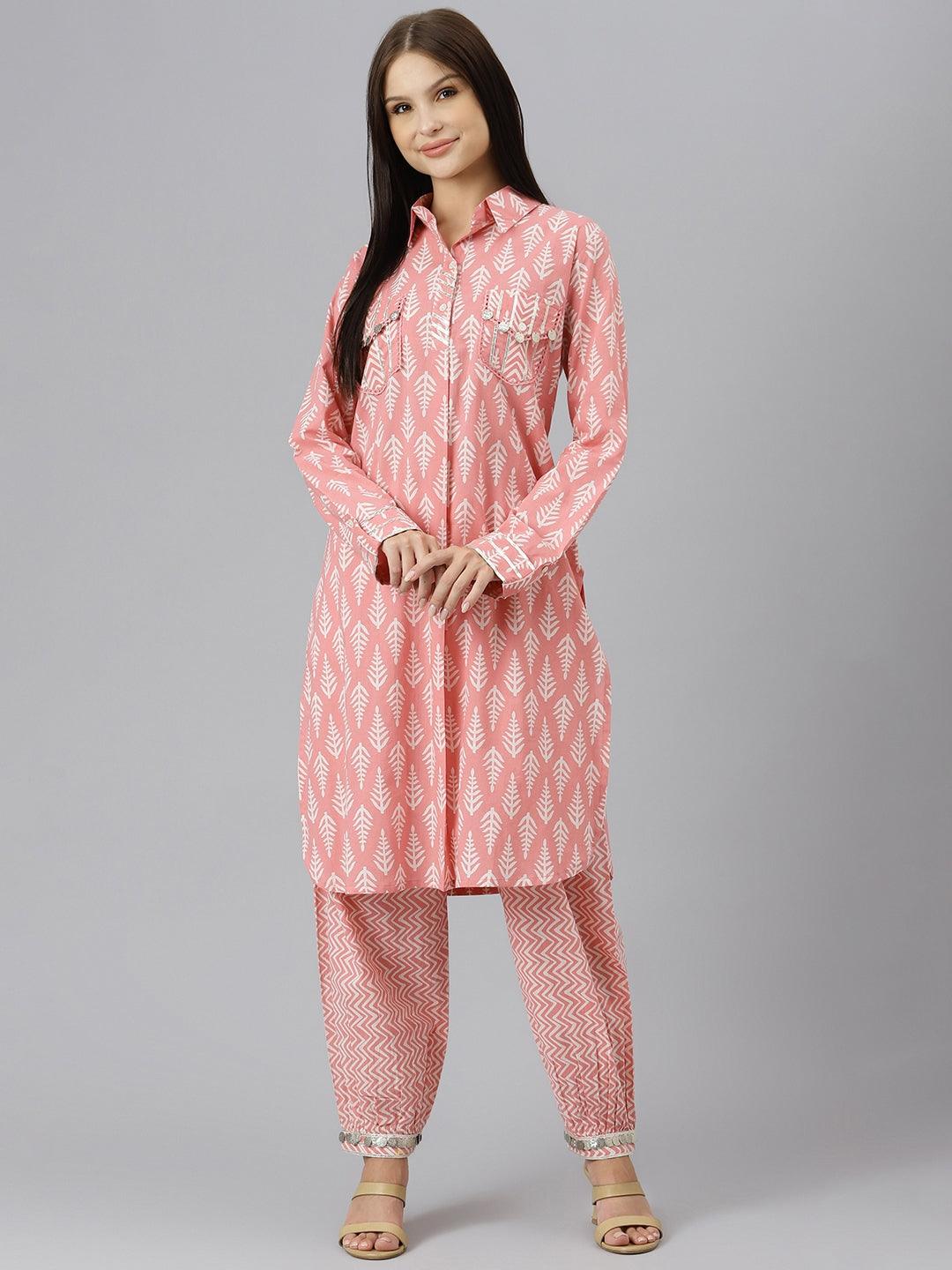 Jamal Jamaloo Pink Cotton Shirt Style Kurta Hem Cuffed Pant Co-ord Set - Jamal Jamaloo