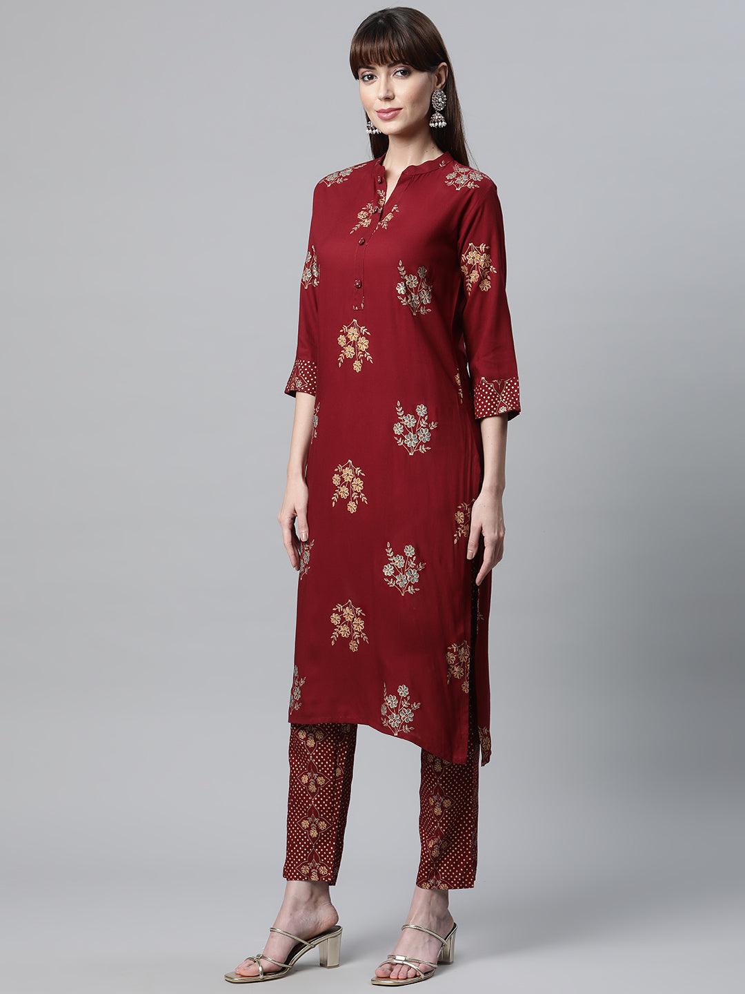Jamal Jamaloo Maroon Rayon Kurta Pant Set with kota doria Dupatta - Jamal Jamaloo