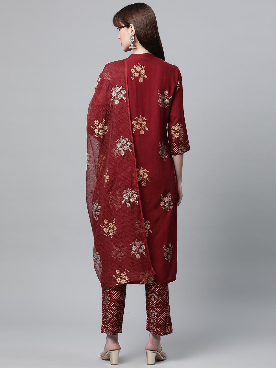 Jamal Jamaloo Maroon Rayon Kurta Pant Set with kota doria Dupatta - Jamal Jamaloo