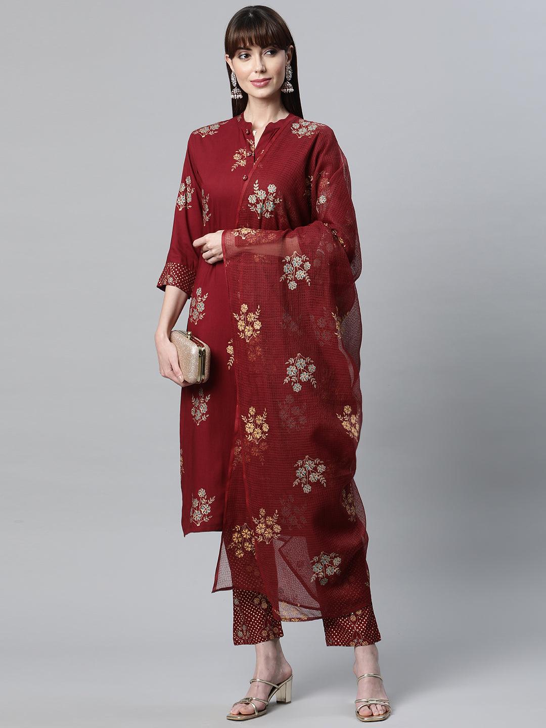 Jamal Jamaloo Maroon Rayon Kurta Pant Set with kota doria Dupatta - Jamal Jamaloo