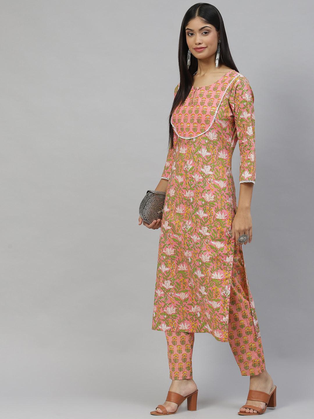 Jamal Jamaloo Pink Floral Cotton Kurta Pant Set - Jamal Jamaloo