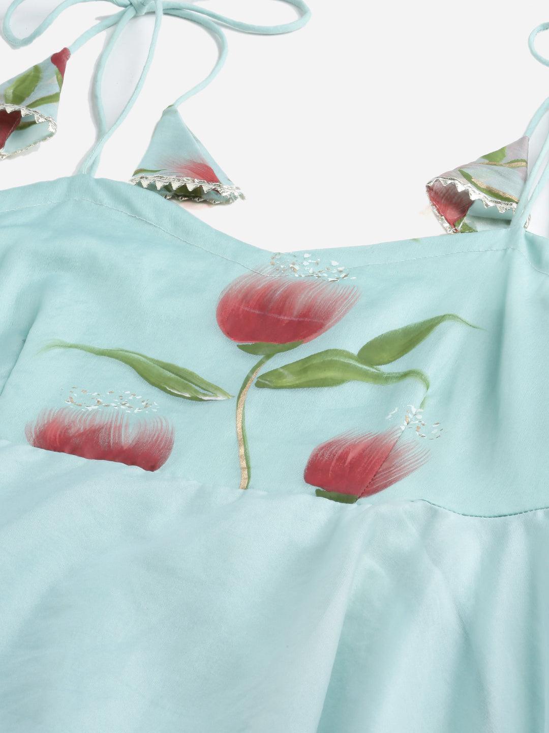 Jamal Jamaloo Sky Blue Hand Painted Floral Organza Anarkali Kurta Pant Set with Dupatta - Jamal Jamaloo