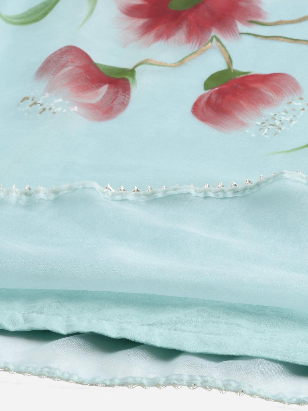 Jamal Jamaloo Sky Blue Hand Painted Floral Organza Anarkali Kurta Pant Set with Dupatta - Jamal Jamaloo