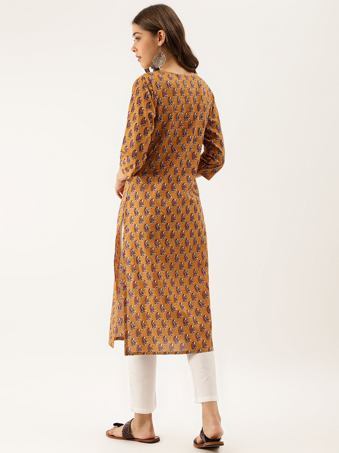 Brown Floral Printed Cotton Zari Work Kurta for Women