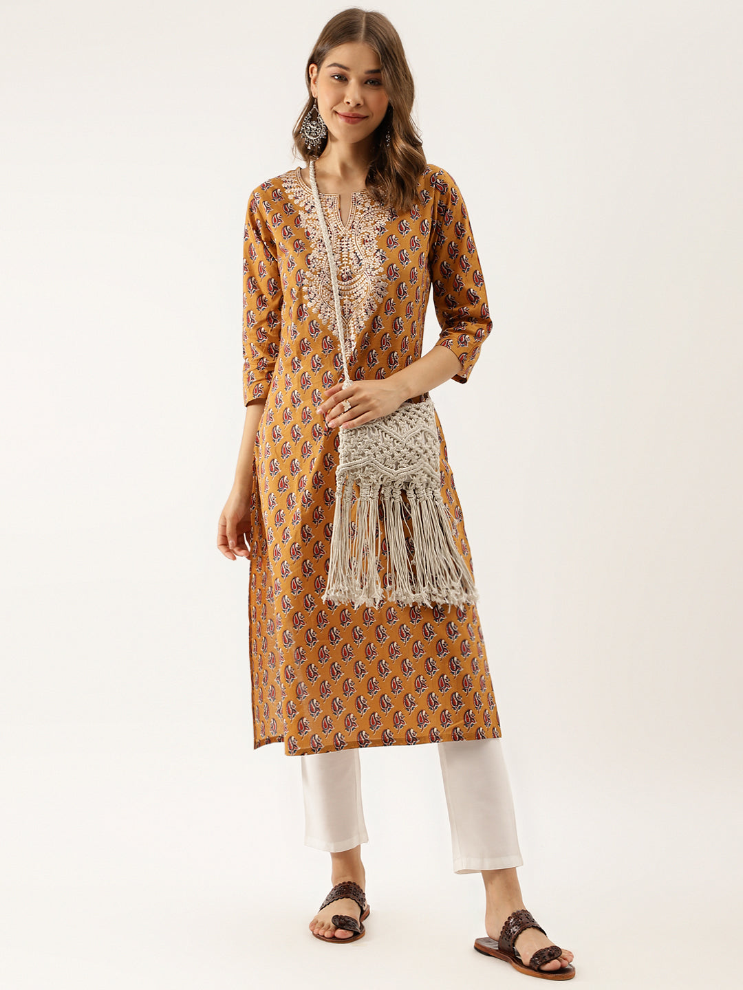 Brown Floral Printed Cotton Zari Work Kurta for Women