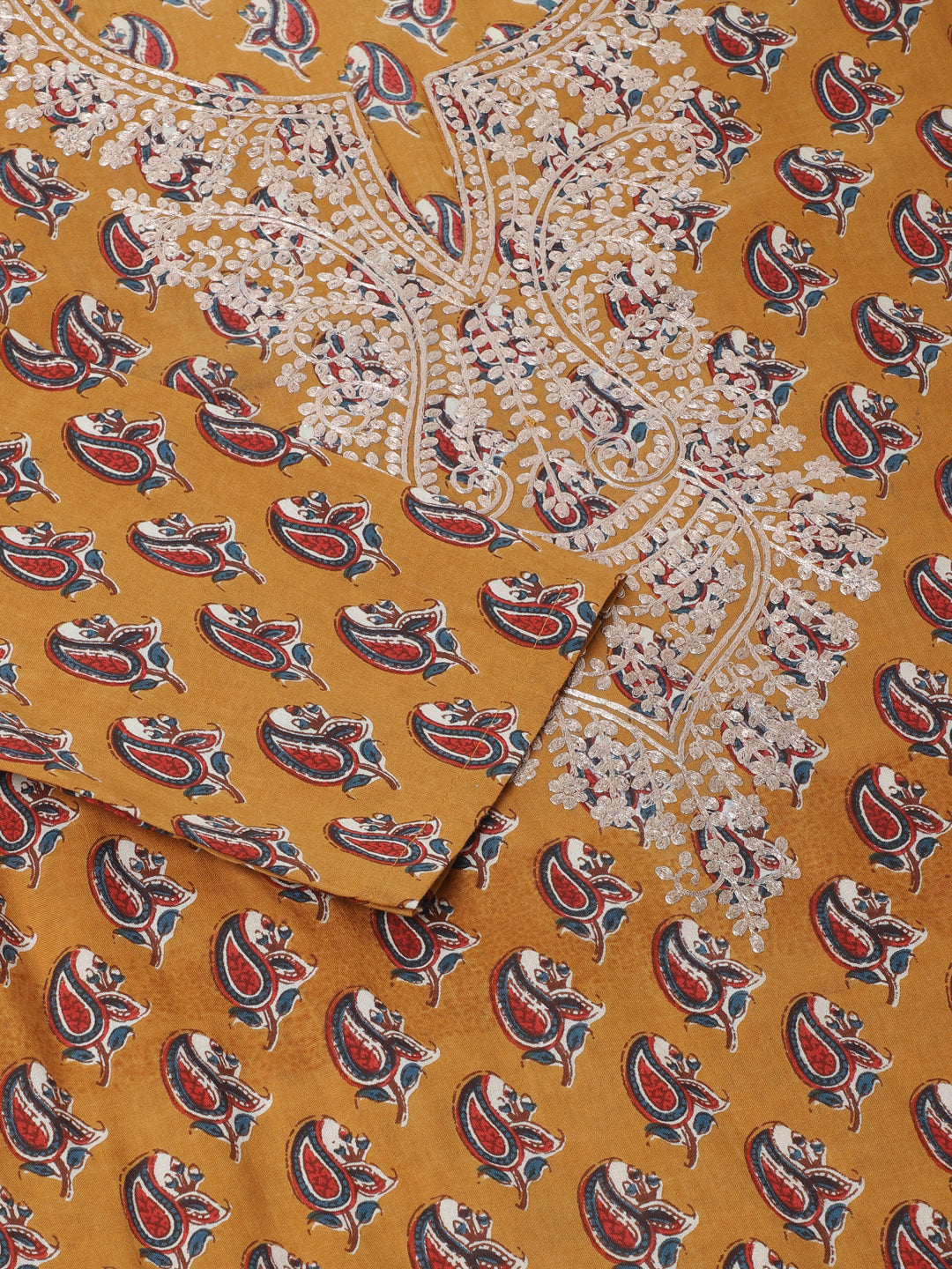 Brown Floral Printed Cotton Zari Work Kurta for Women